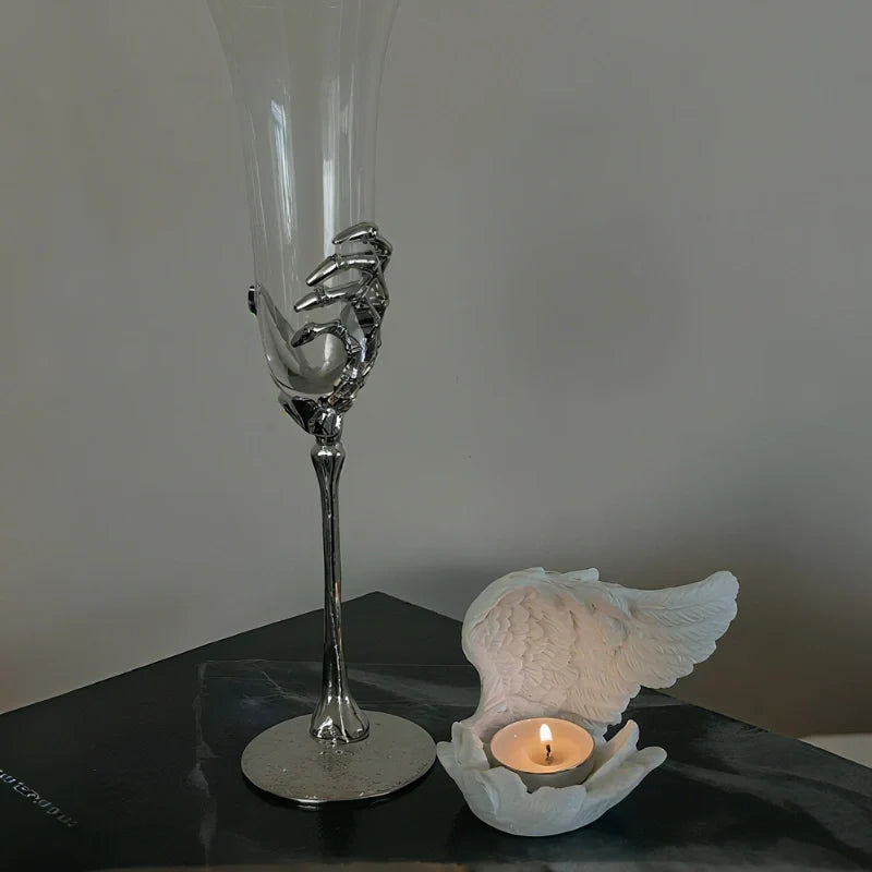 Angel Candle Holder, Sculpted Resin Angel Wings, White or Black, 3.9in