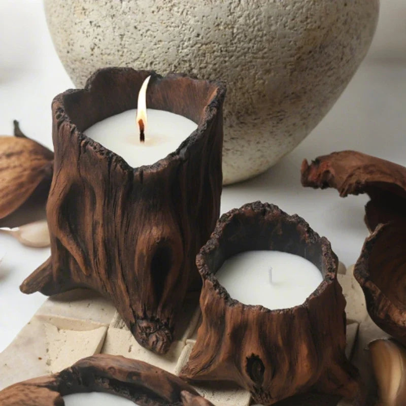 Cement Candle Holder, Tree Stump Candle Vessels for Wax Sand, 6 Shapes