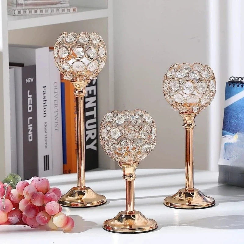 Glass Candle Holder, Crystal Look Beaded Globe on Stem, Gold or Silver