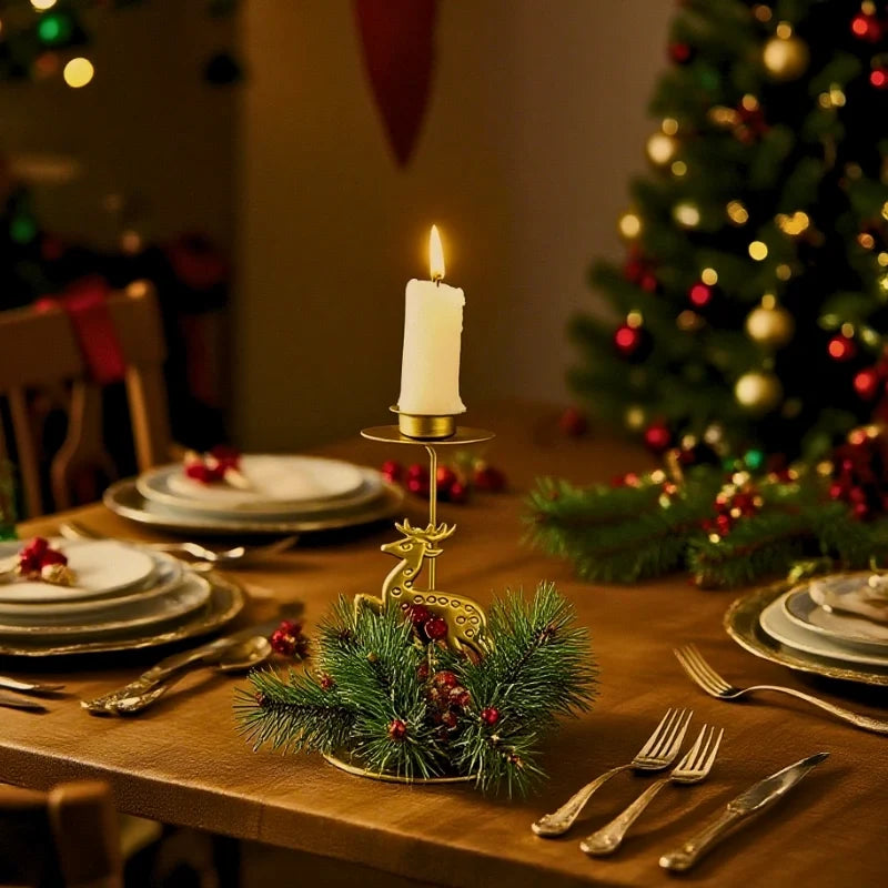 Christmas Candlestick Holders, Set of 3 Iron Taper Holders, Pine & Berry