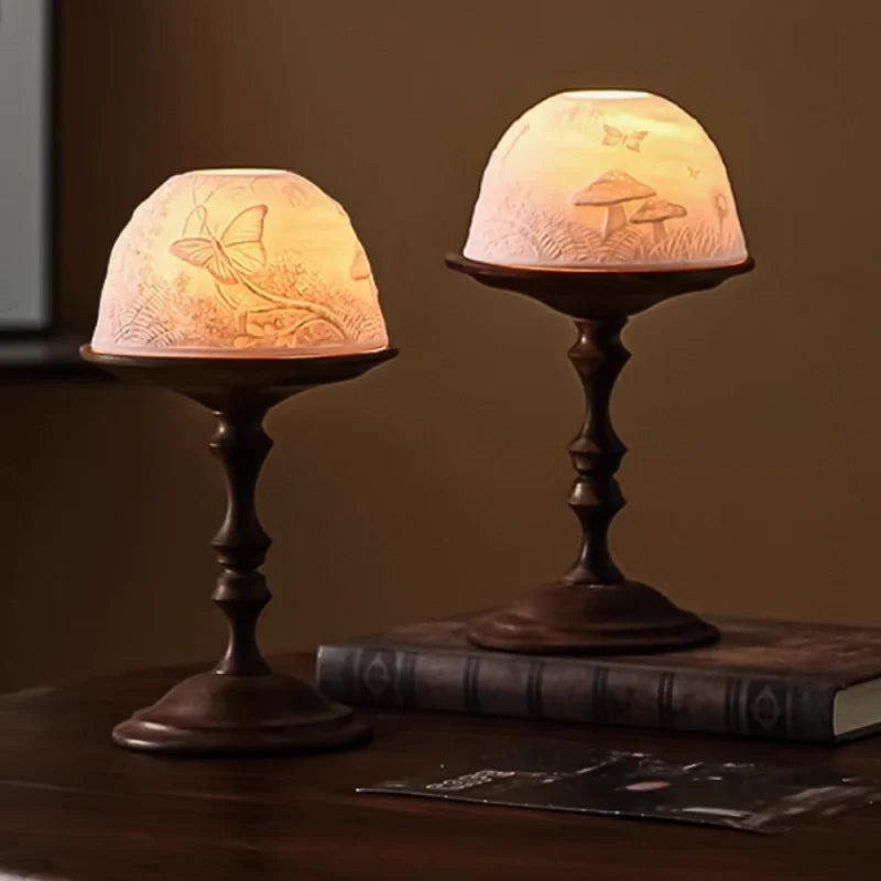 Porcelain Candle Holder, Carved Dome Candle Lantern, Walnut Base, 7.7in
