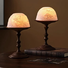 Porcelain Candle Holder, Carved Dome Candle Lantern, Walnut Base, 7.7in
