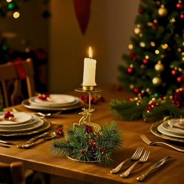 Christmas Candlestick Holders, Set of 3 Iron Taper Holders, Pine & Berry