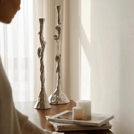 Aluminum Candle Holder, Sculptural Modern Candlestick, Silver, 21-24in
