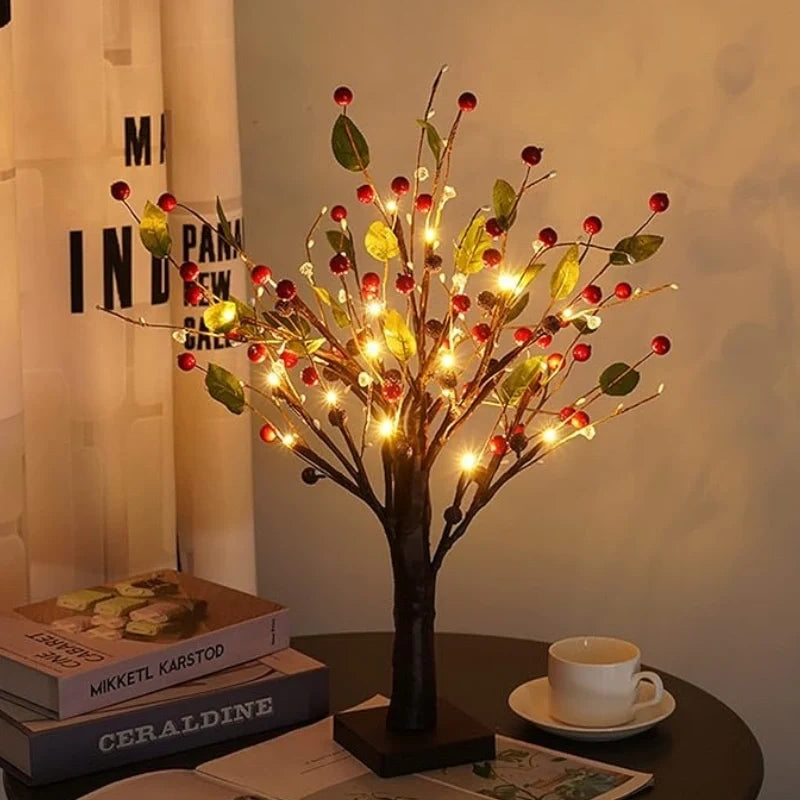 Lighted Tabletop Tree, 24 LED Battery Twig Tree, Red Berries or Gold, 22in