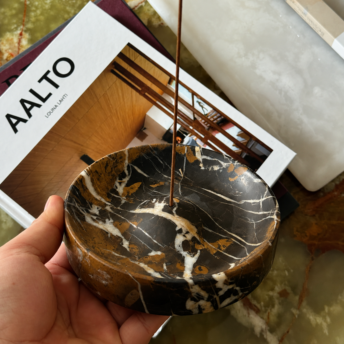 Stone Incense Holder, Ash Catcher Dish for Bedside & Desk, 3 Colors, 5.1in