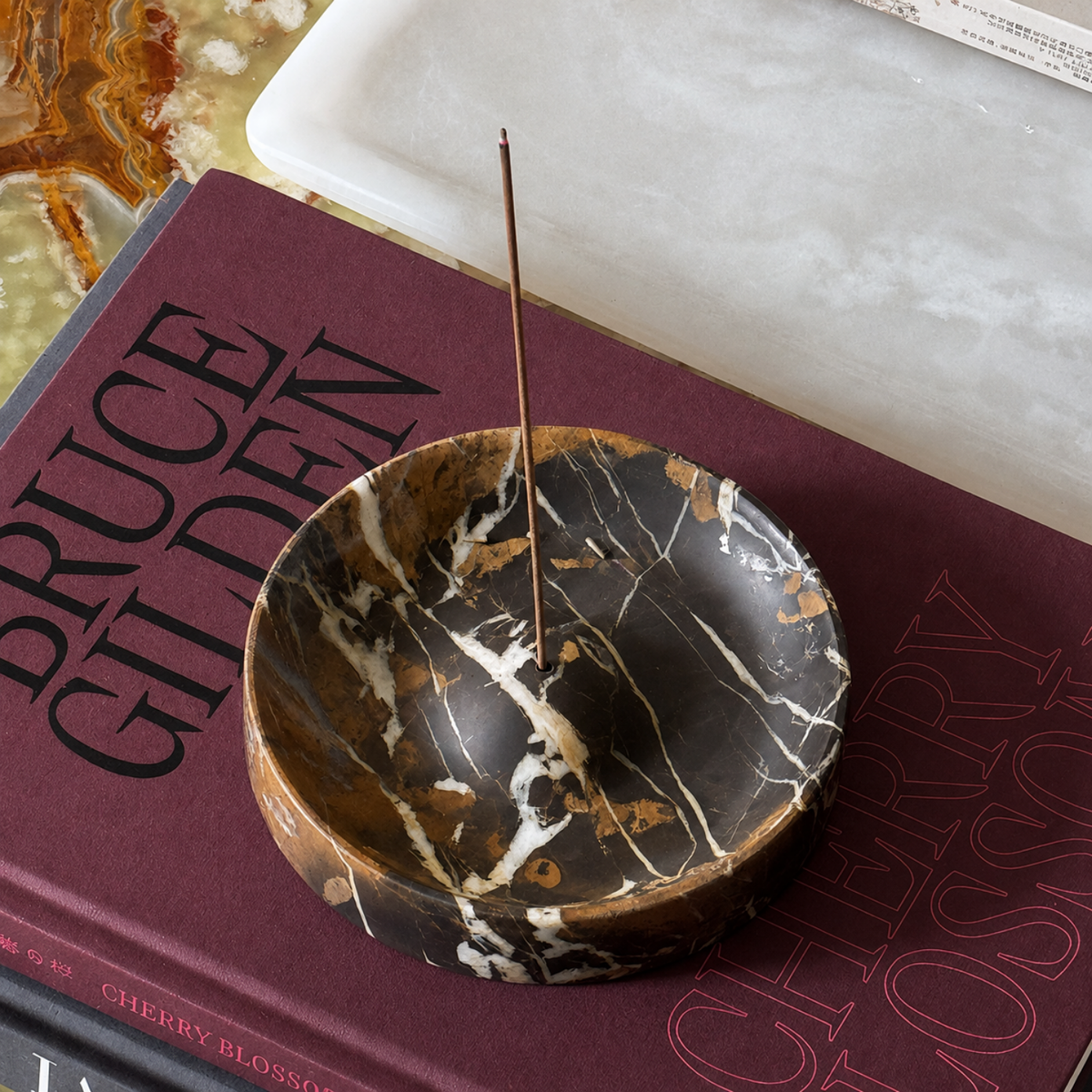 Stone Incense Holder, Ash Catcher Dish for Bedside & Desk, 3 Colors, 5.1in