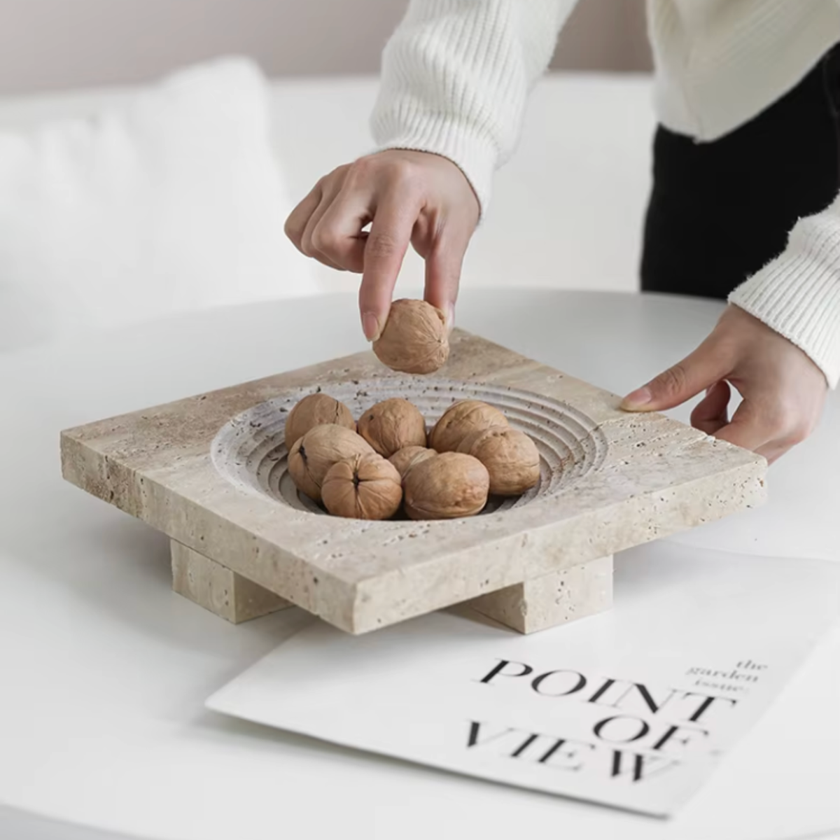 Travertine Footed Tray, Raised Stone Coffee Table Tray, 3 Styles, 9-9.6in