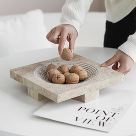 Travertine Footed Tray, Raised Stone Coffee Table Tray, 3 Styles, 9-9.6in