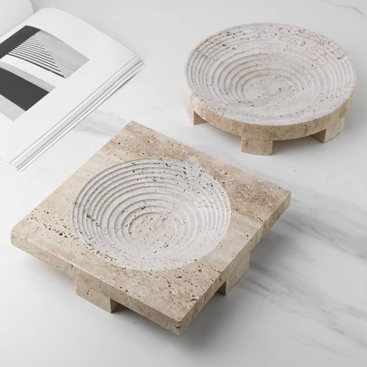 Travertine Footed Tray, Raised Stone Coffee Table Tray, 3 Styles, 9-9.6in