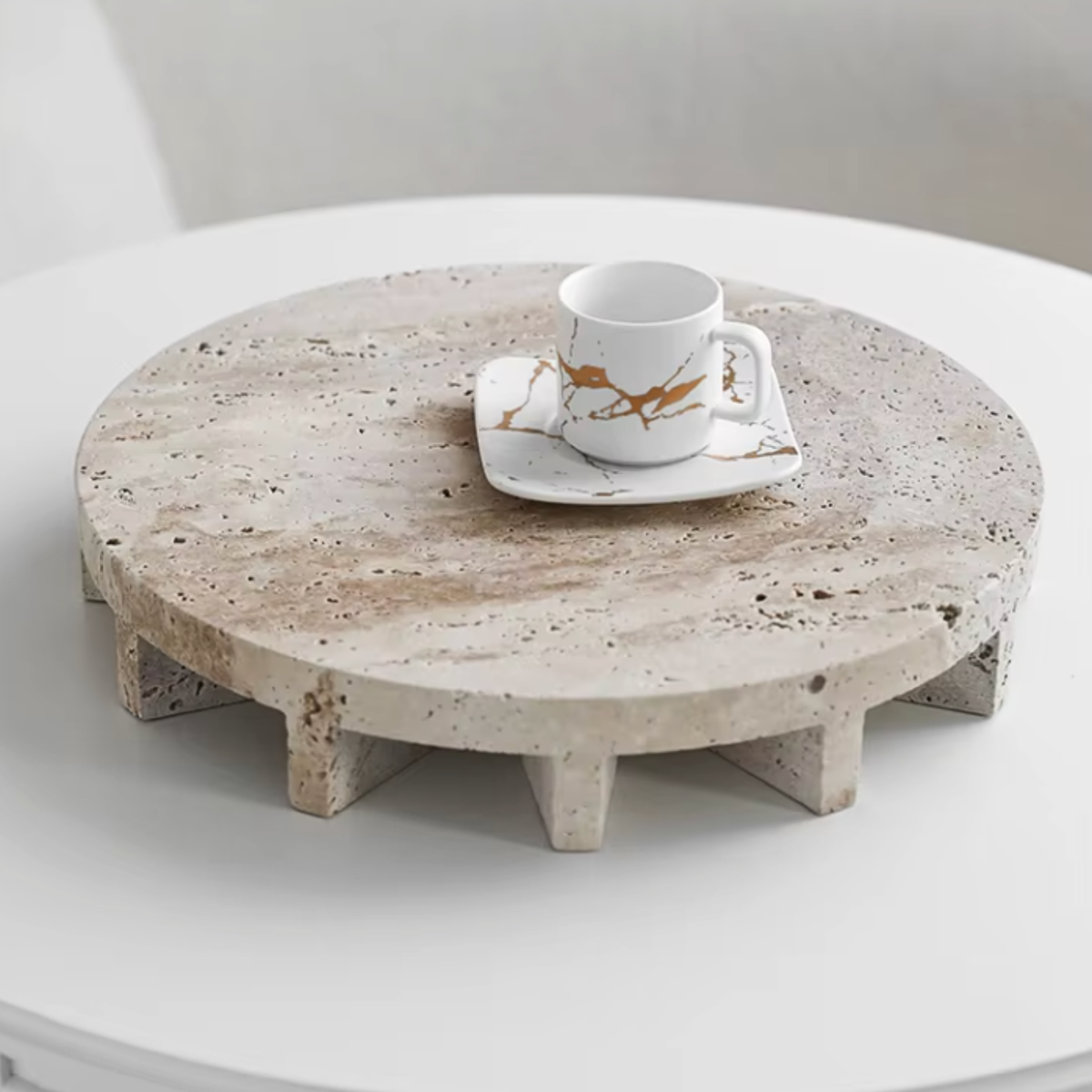 Travertine Footed Tray, Raised Stone Coffee Table Tray, 3 Styles, 9-9.6in