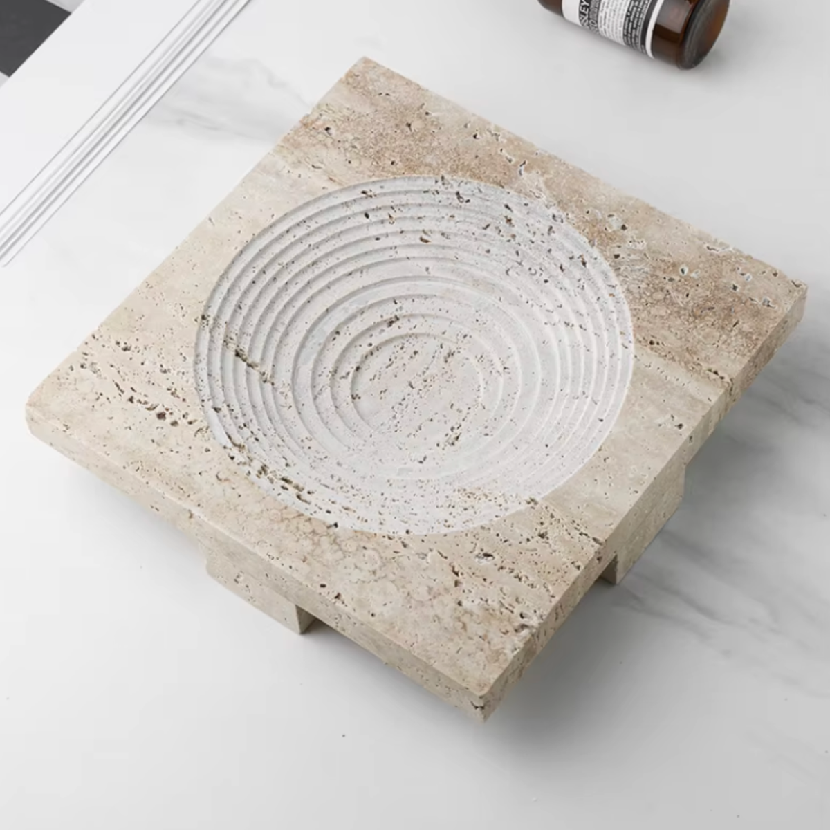 Travertine Footed Tray, Raised Stone Coffee Table Tray, 3 Styles, 9-9.6in