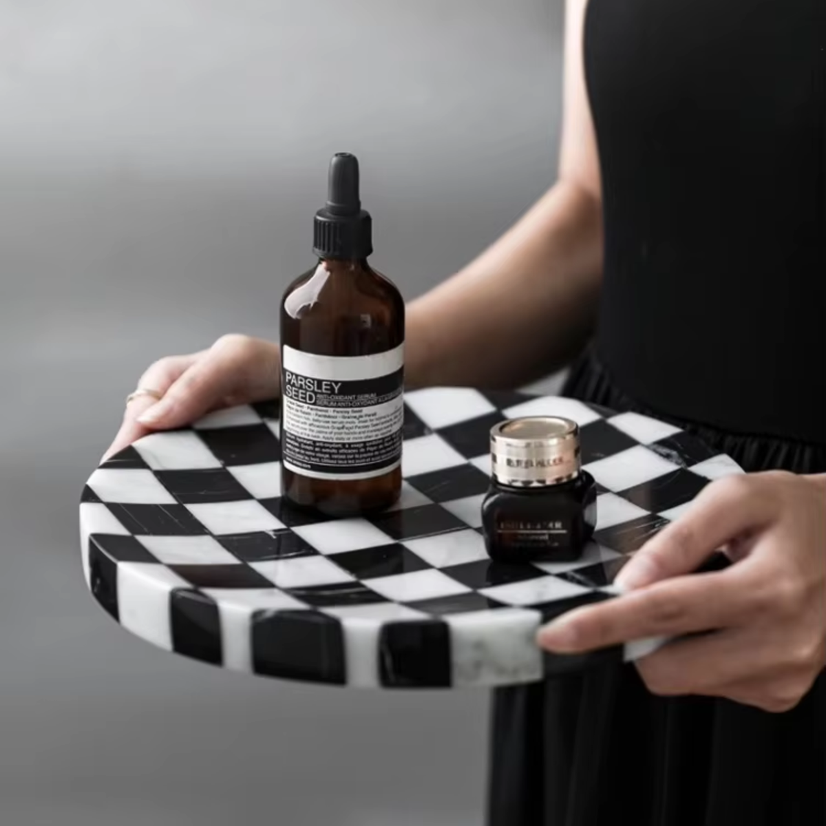 Checkered Stone Coffee Table Tray, Round Black & White Marble Tray, 9.8in