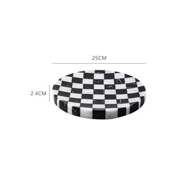 Checkered Stone Coffee Table Tray, Round Black & White Marble Tray, 9.8in