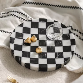 Checkered Stone Coffee Table Tray, Round Black & White Marble Tray, 9.8in
