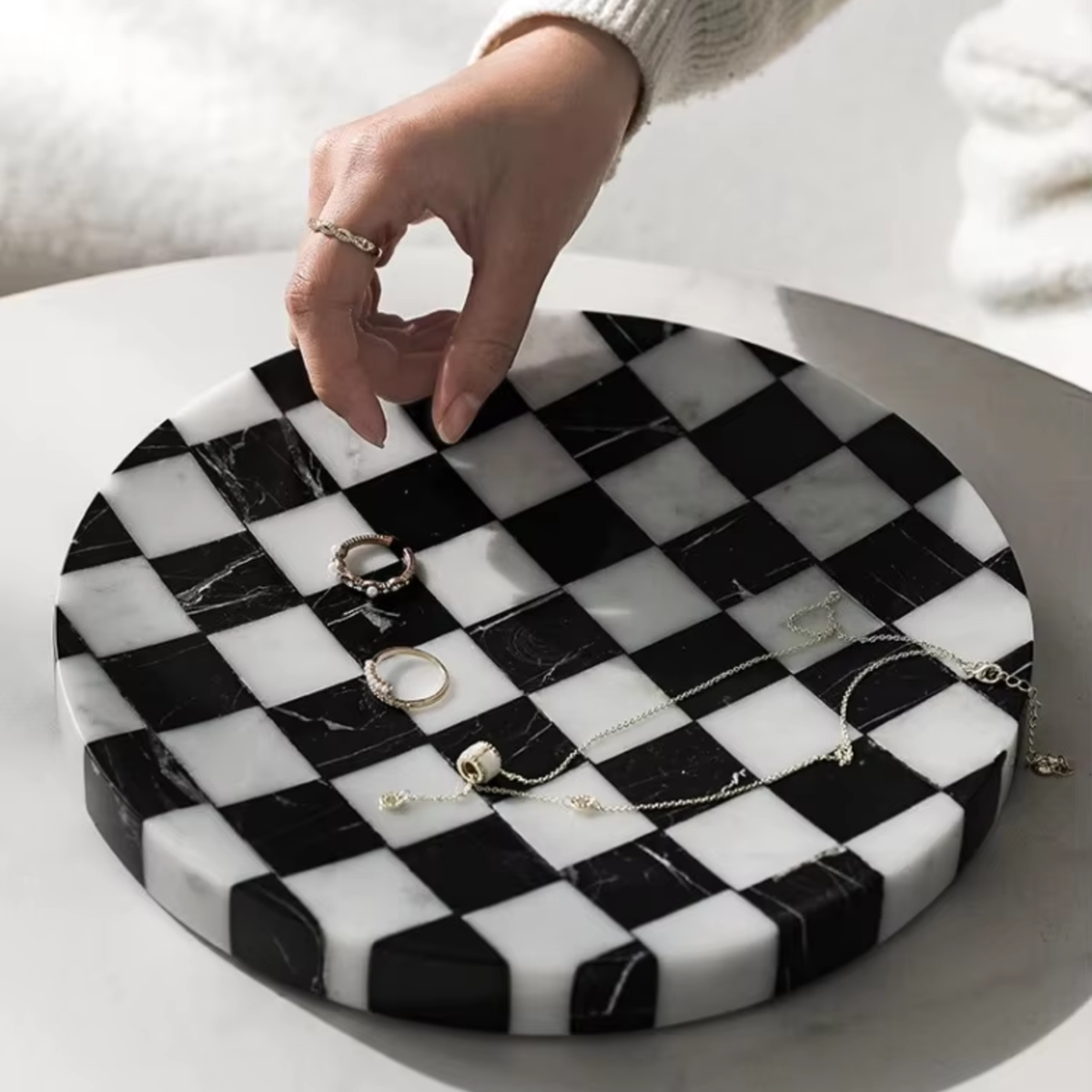 Checkered Stone Coffee Table Tray, Round Black & White Marble Tray, 9.8in