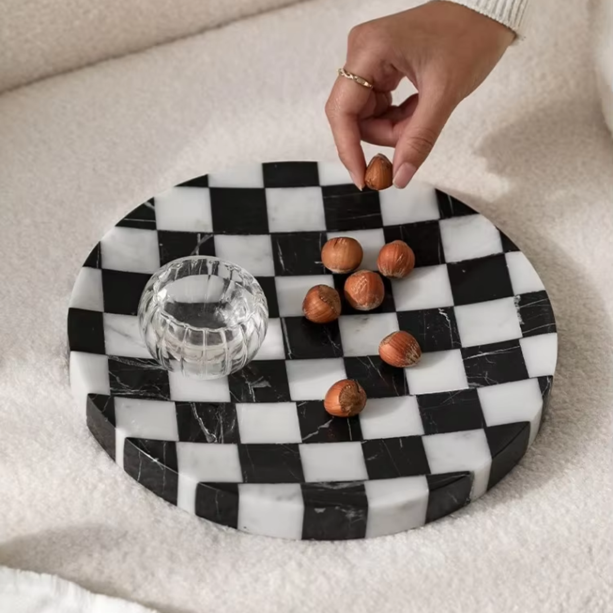 Checkered Stone Coffee Table Tray, Round Black & White Marble Tray, 9.8in
