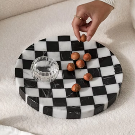 Checkered Stone Coffee Table Tray, Round Black & White Marble Tray, 9.8in