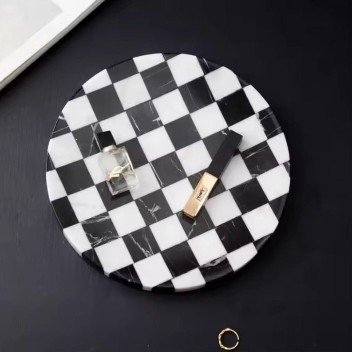 Checkered Stone Coffee Table Tray, Round Black & White Marble Tray, 9.8in