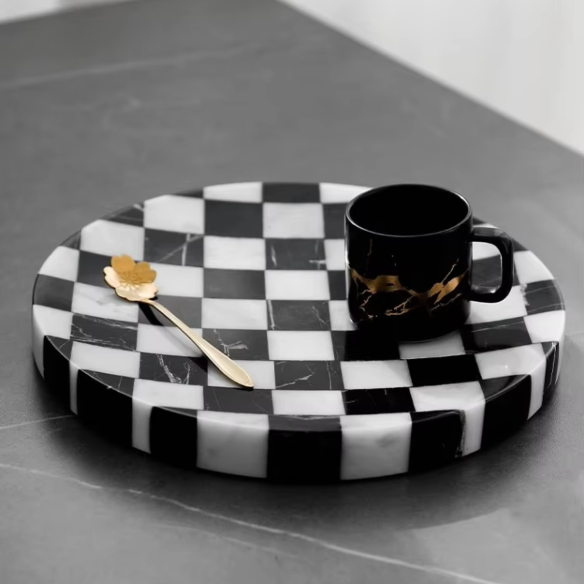 Checkered Stone Coffee Table Tray, Round Black & White Marble Tray, 9.8in