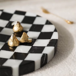 Checkered Stone Coffee Table Tray, Round Black & White Marble Tray, 9.8in