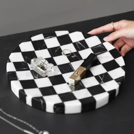 Checkered Stone Coffee Table Tray, Round Black & White Marble Tray, 9.8in
