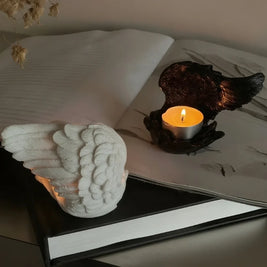 Angel Candle Holder, Sculpted Resin Angel Wings, White or Black, 3.9in