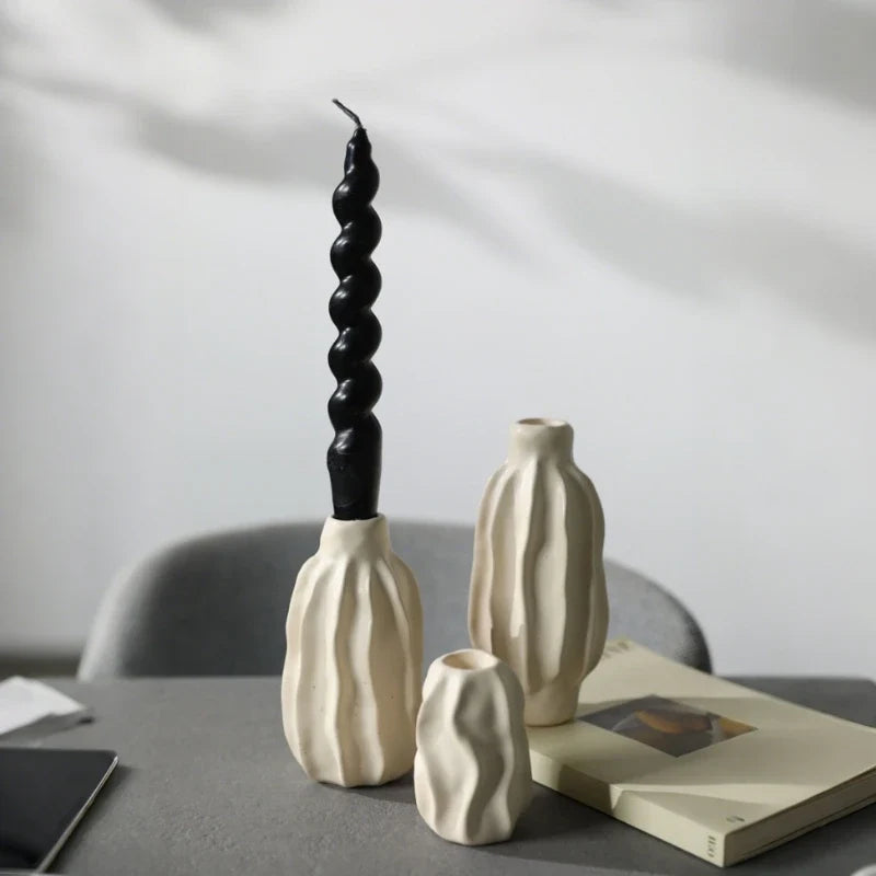 Ceramic Taper Candle Holder, Rippled Matte Candlestick Holder, 4 Shapes