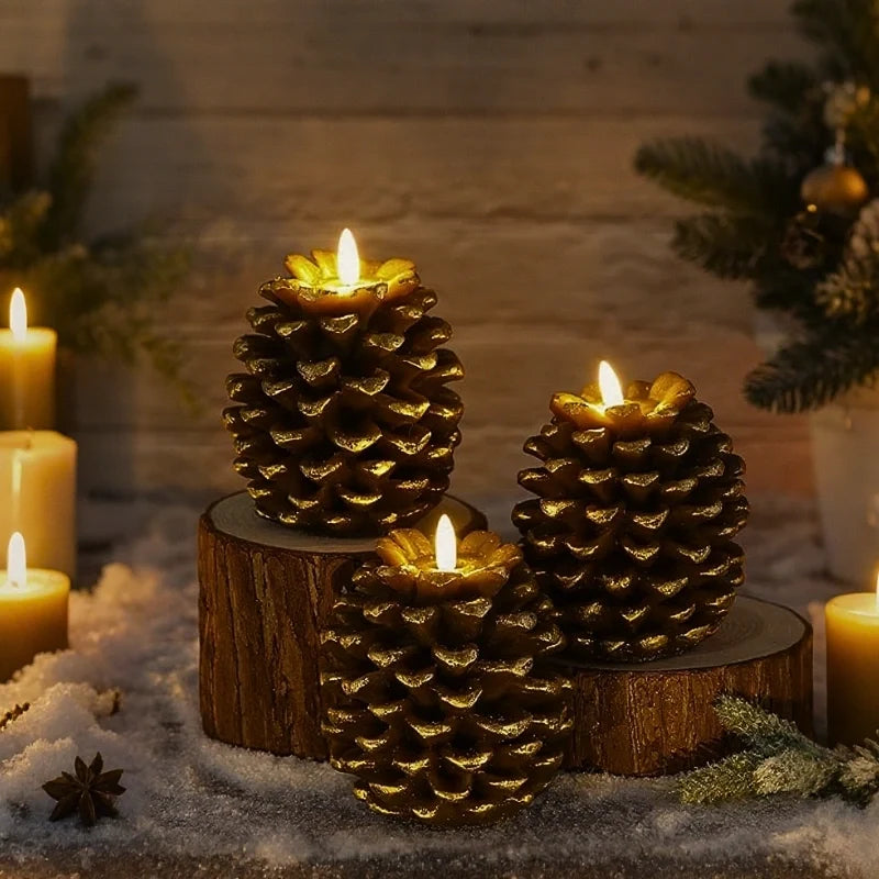 Flameless Pine Cone Candles, Real Wax LED Candles, Remote & Timer, 6.3in
