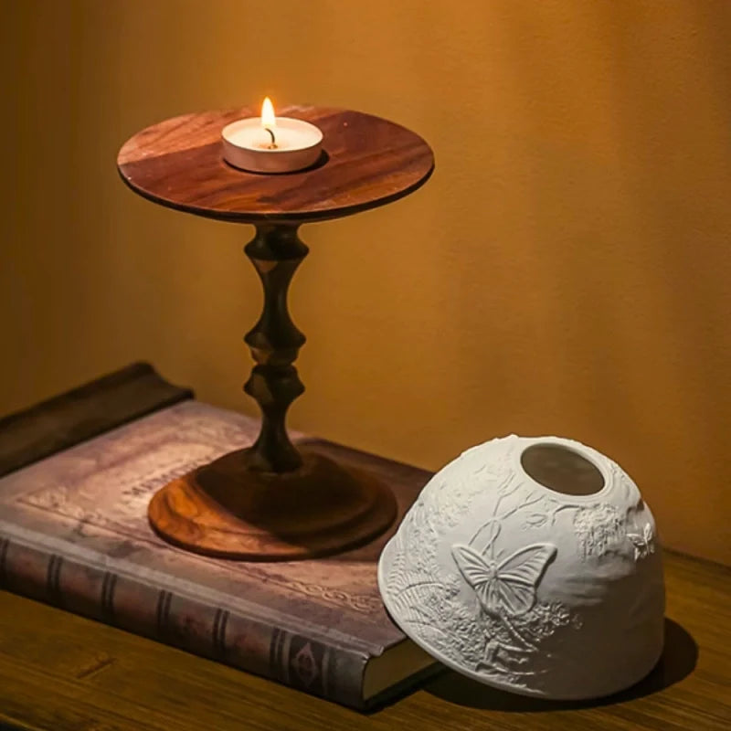 Porcelain Candle Holder, Carved Dome Candle Lantern, Walnut Base, 7.7in