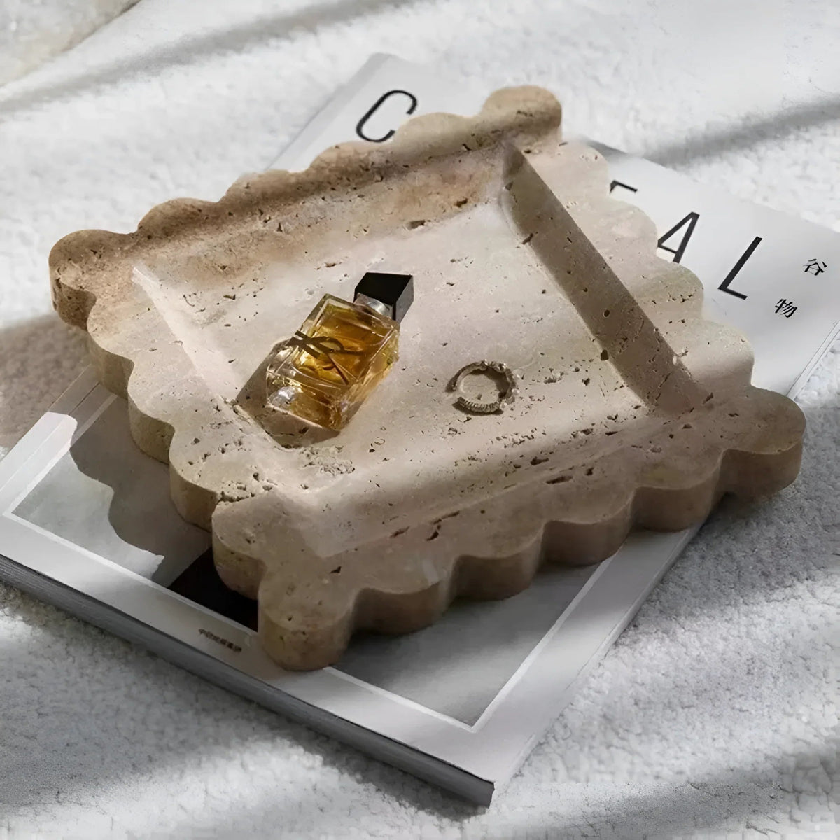 Travertine Jewelry Tray, Scalloped Square Perfume Tray for Dresser, 7.9in