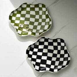 Checkered Ceramic Tray, Round Catchall Tray & Retro Serving Plate, 9.1in