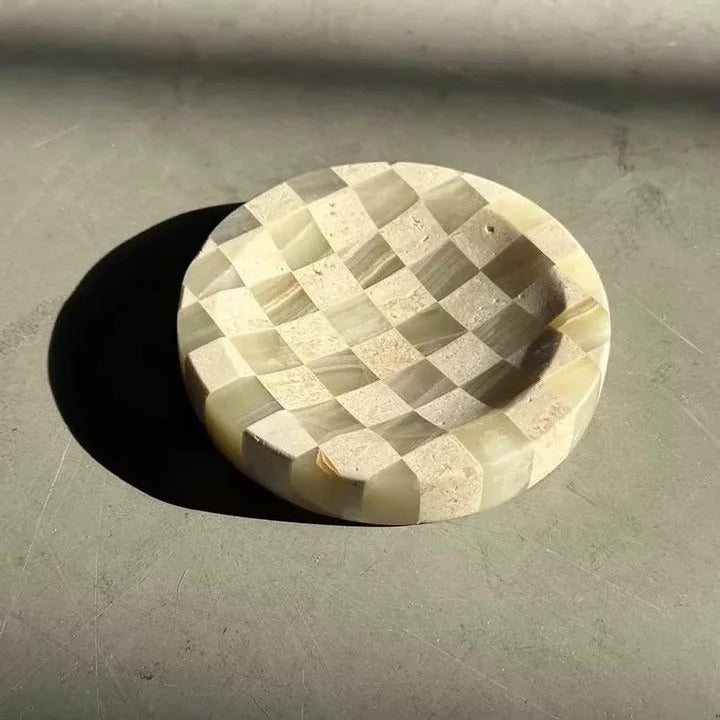 Checkered Marble Jewelry Tray, Round Trinket Dish, Vanity, 4 Colors, 4.5in