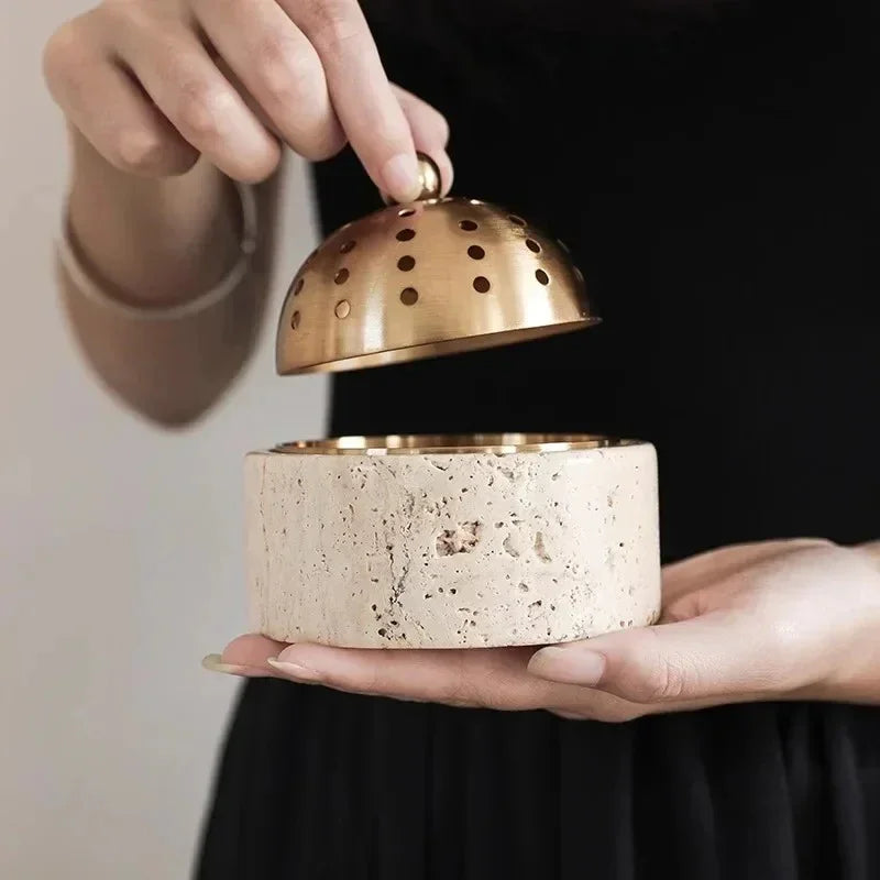 Travertine Incense Burner with Perforated Dome Lid, Gold Tone, 3.9-6.9in