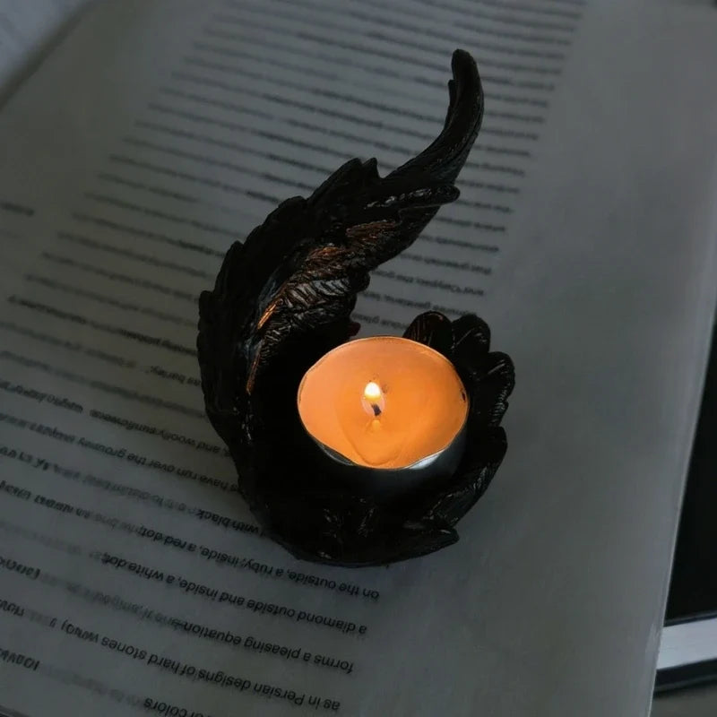 Angel Candle Holder, Sculpted Resin Angel Wings, White or Black, 3.9in