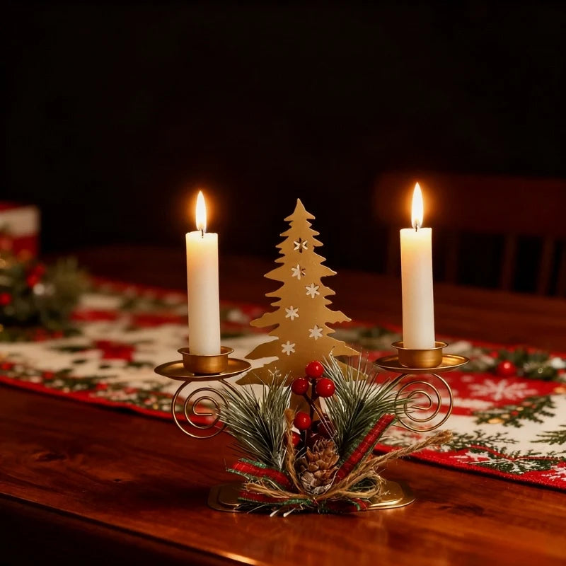 Christmas Candlestick Holders, Set of 3 Iron Taper Holders, Pine & Berry