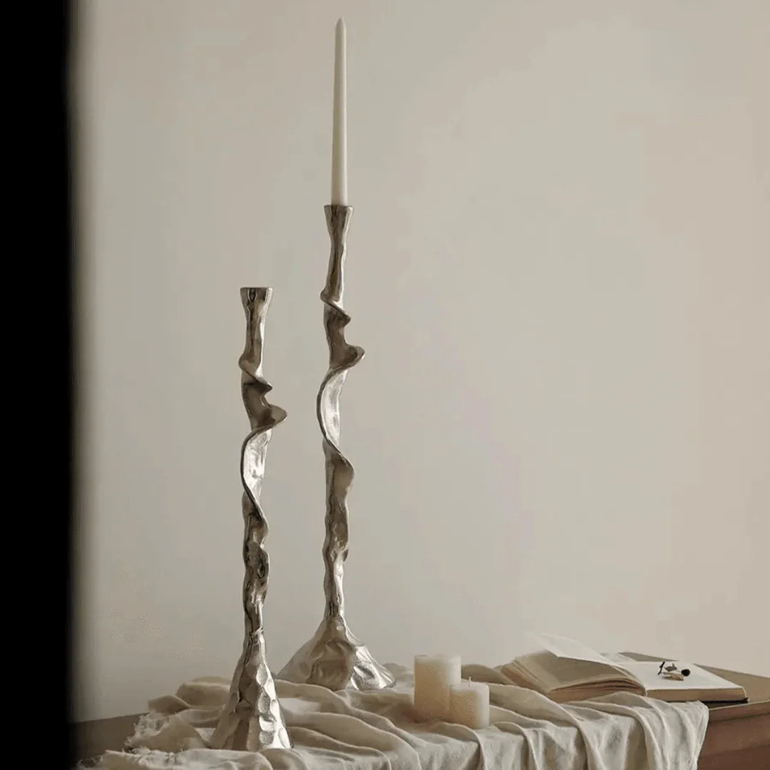 Aluminum Candle Holder, Sculptural Modern Candlestick, Silver, 21-24in