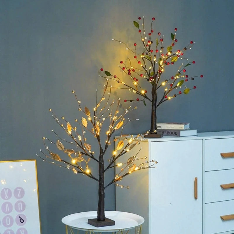 Lighted Tabletop Tree, 24 LED Battery Twig Tree, Red Berries or Gold, 22in