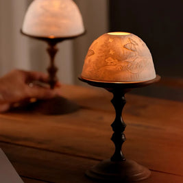 Porcelain Candle Holder, Carved Dome Candle Lantern, Walnut Base, 7.7in