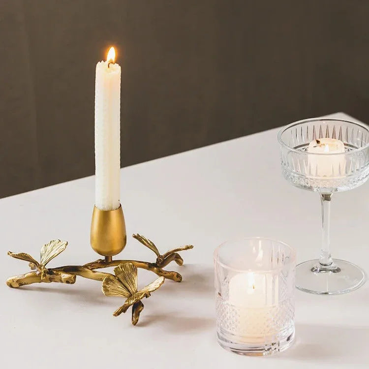 Brass Taper Candle Holder, Ginkgo Leaf & Butterfly Candelabra, 8-17in, Gold