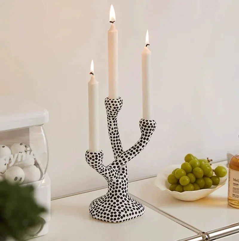 Ceramic Polka Dot Candle Holder, Black Dot Taper Candlestick, Glazed 10.6in