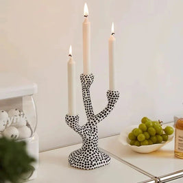 Ceramic Polka Dot Candle Holder, Black Dot Taper Candlestick, Glazed 10.6in