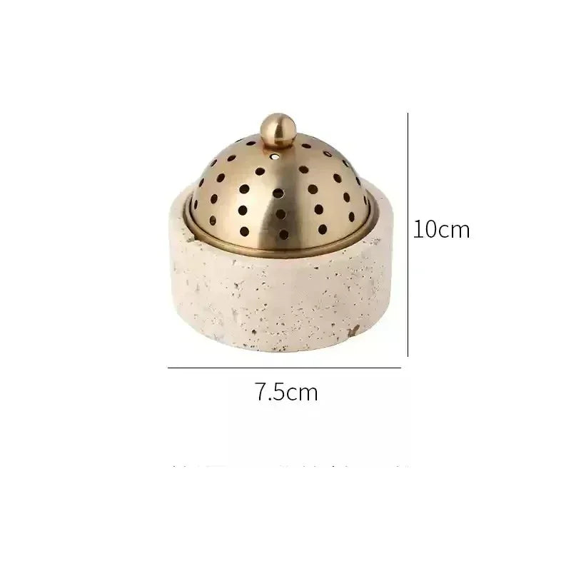 Travertine Incense Burner with Perforated Dome Lid, Gold Tone, 3.9-6.9in