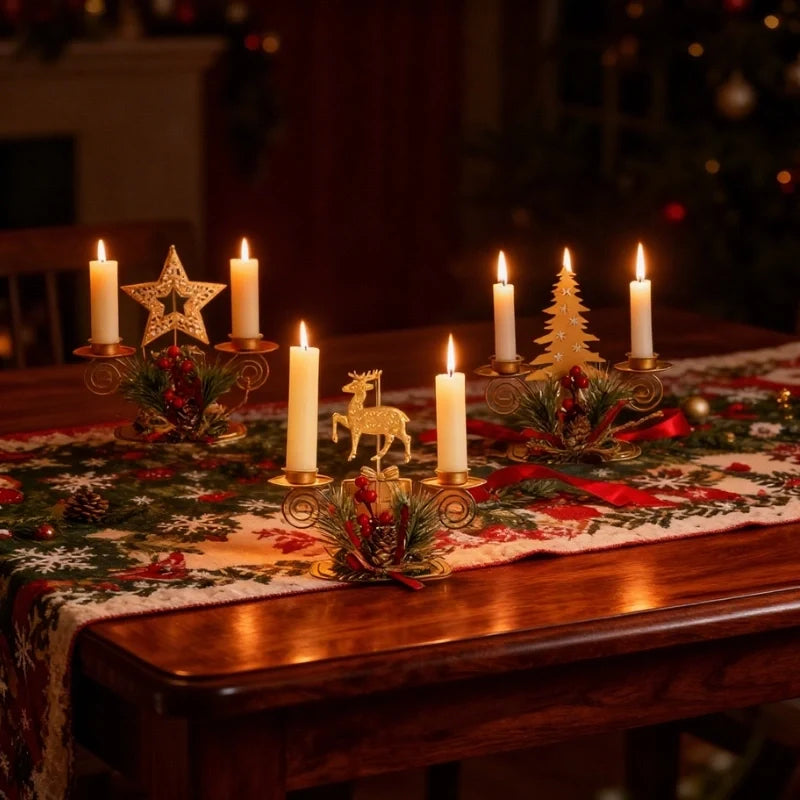Christmas Candlestick Holders, Set of 3 Iron Taper Holders, Pine & Berry