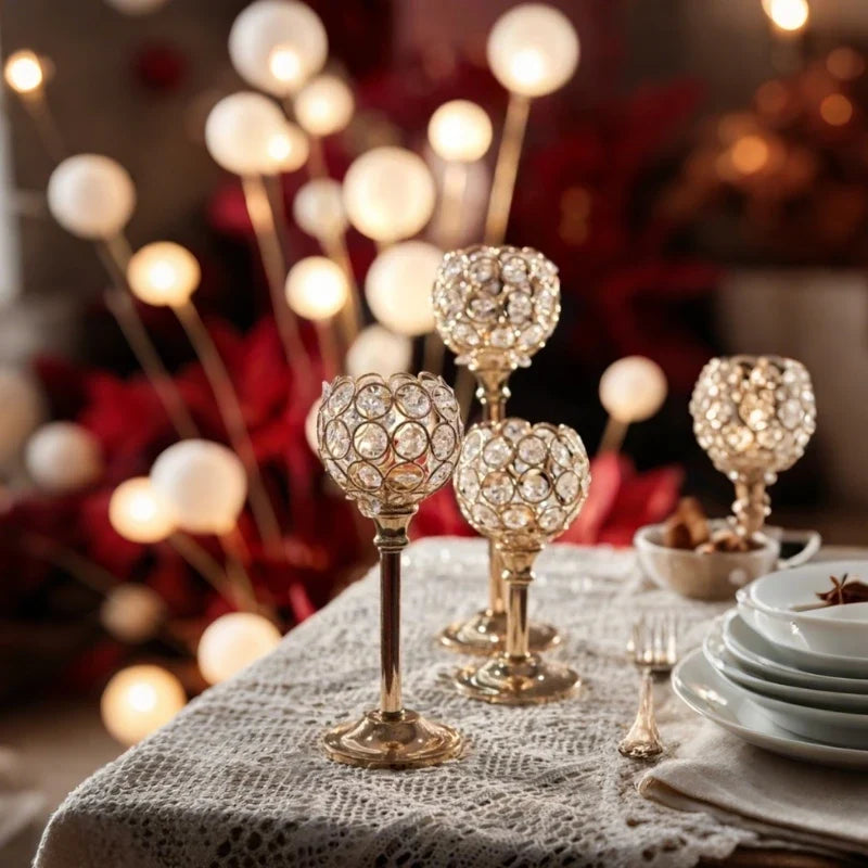 Glass Candle Holder, Crystal Look Beaded Globe on Stem, Gold or Silver
