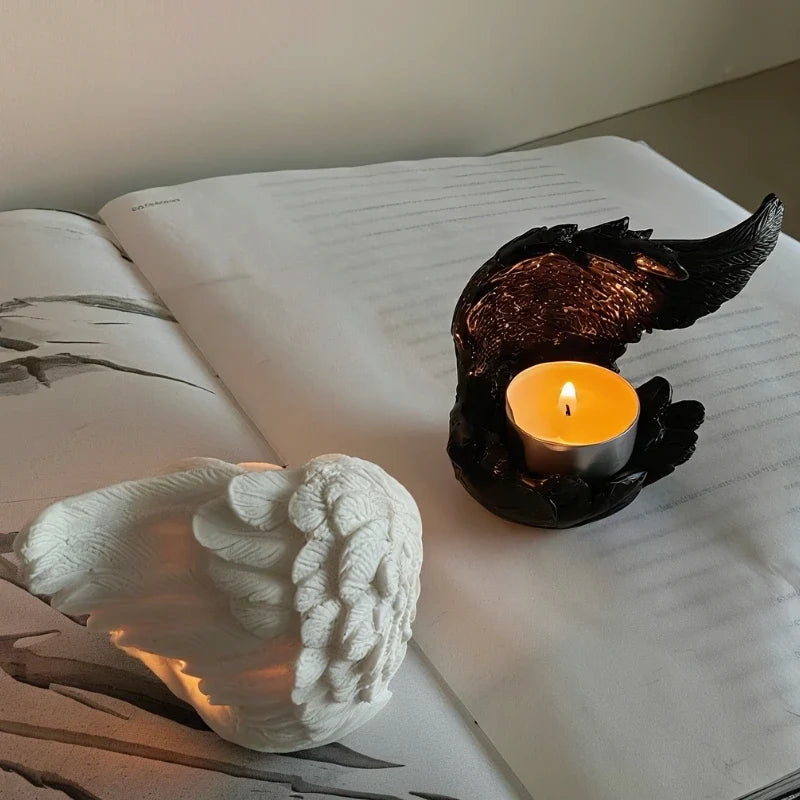 Angel Candle Holder, Sculpted Resin Angel Wings, White or Black, 3.9in