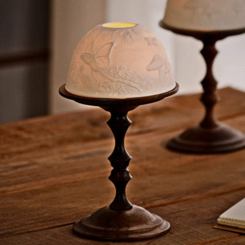 Porcelain Candle Holder, Carved Dome Candle Lantern, Walnut Base, 7.7in