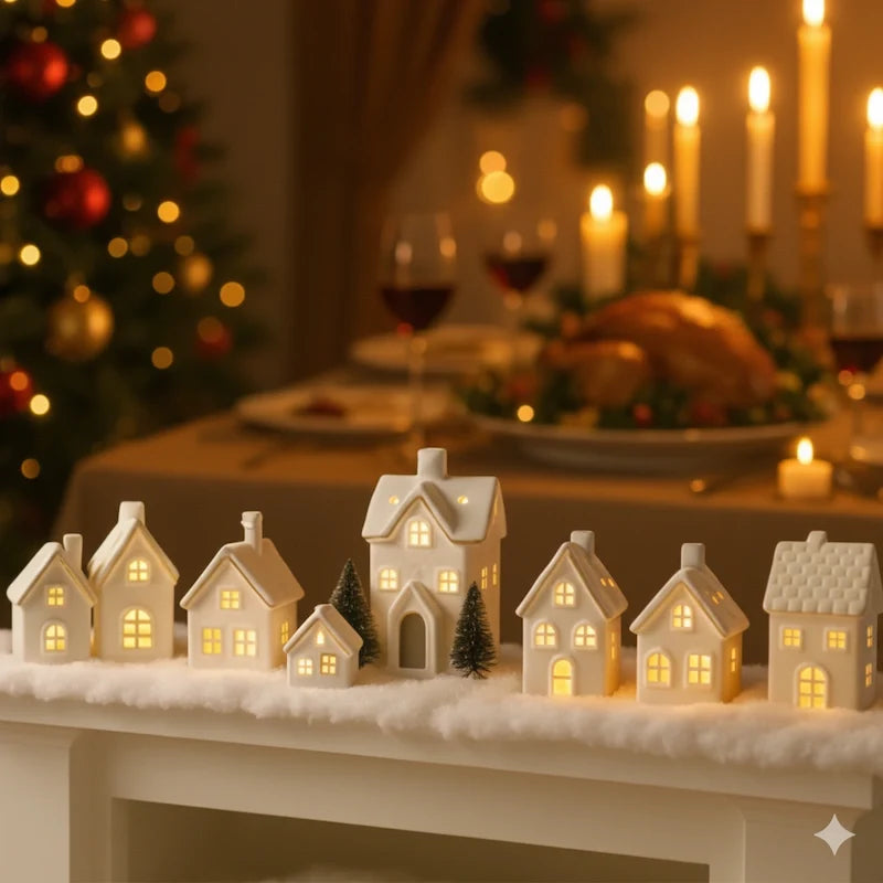 Ceramic Christmas Houses, Light Up White Village Set, Trees & Snowmen, LED