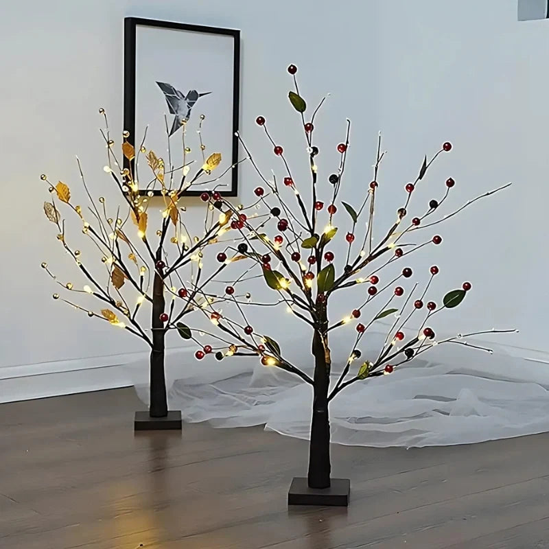 Lighted Tabletop Tree, 24 LED Battery Twig Tree, Red Berries or Gold, 22in