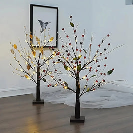 Lighted Tabletop Tree, 24 LED Battery Twig Tree, Red Berries or Gold, 22in